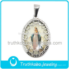 Hollow Out 2 Layer Blessing Mother Mary Colgante de Esmalte Religioso de Acero Inoxidable Colgante de Metal Personalizado Joyería Colgante Al Por Mayor